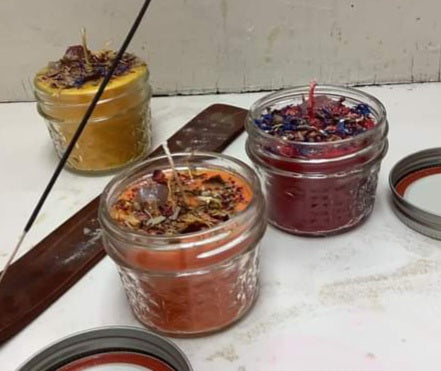 Small jar candle 4oz with herbs, glitter, crystals, and fragrance - Burning Times Candles